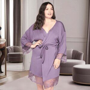 Plus Modal Robe Womens 2X 3X Purple with Lace Trim Lingerie
